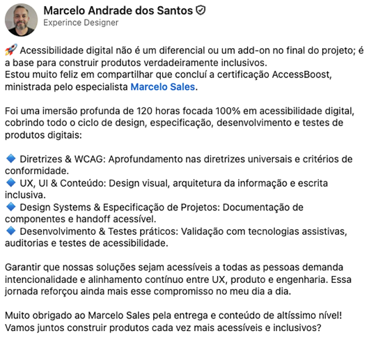 Publicação de Marcelo Andrade dos Santos no LinkedIn. Texto completo disponível na transcrição abaixo.