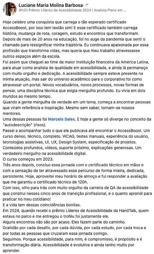 Publicação de Luciane Maria Molina Barbosa no LinkedIn. Texto completo disponível na transcrição abaixo.