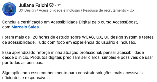 Publicação de Juliana Falchi no LinkedIn. Texto completo disponível na transcrição abaixo.