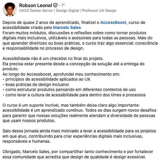 Publicação de Robson Leonel no LinkedIn. Texto completo disponível na transcrição abaixo.